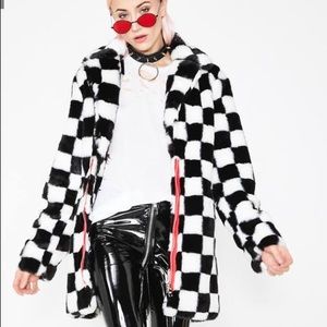 Dolls Kill | Current Mood Checkered Faux Fur black/white Jacket Coat Small S